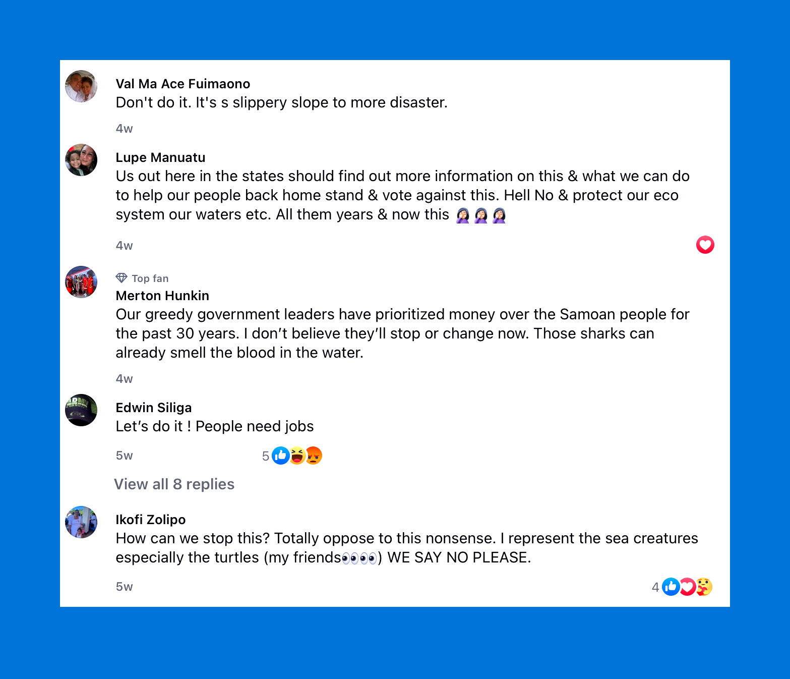 Facebook users responding to Samoa News article mid April that Impossible Metals had resent its application to BOEM